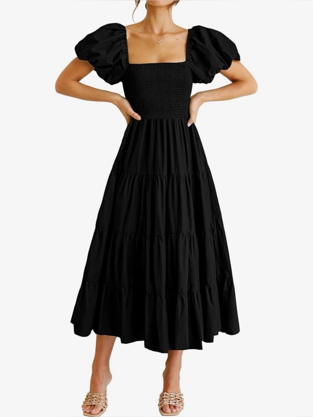 Black Puff Sleeve Smocked Midi Dress - Unbranded
